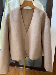 TH 秋冬新品女装双面羊毛羊绒宽松短款无扣V领长袖开衫羊绒外套