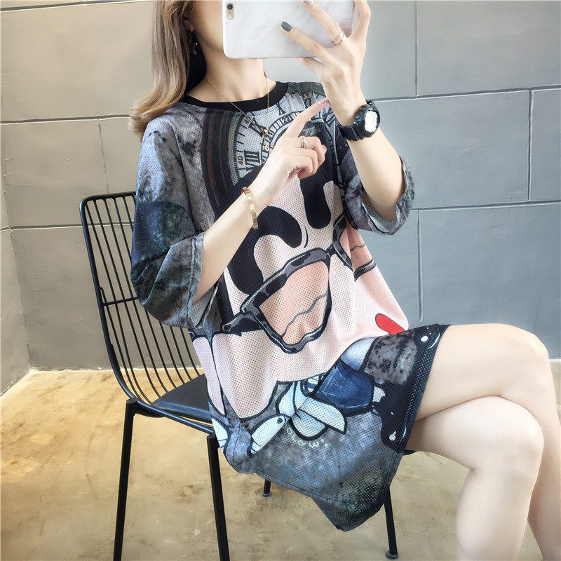 睡衣女夏季2023新款中长款宽松大码卡通睡裙短袖冰丝网眼家居服女