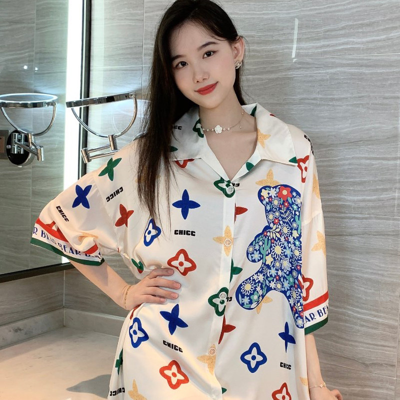 韩国冰丝睡裙女夏季新款短袖薄款小熊高级感冰雪丝绸性感衬衫睡衣