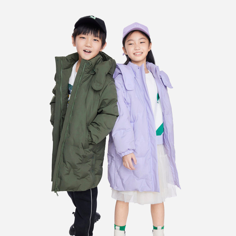 安奈儿冬装儿童中大童保暖外套上衣男童女童长款带帽加厚羽绒服