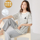 薄款 韩版 纯棉条纹短袖 套装 甜美家居服 长裤 可外穿睡衣女带胸垫夏季