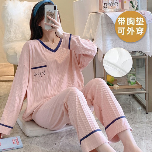 100％纯棉带胸垫一体式长袖睡衣