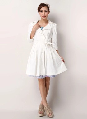 拿美nemow白色优雅修身中长款中袖风衣A1E017