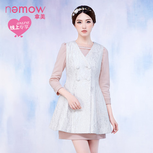 0Nemow拿美南梦2016冬装新款无袖v领双排扣连衣裙 EA6K321