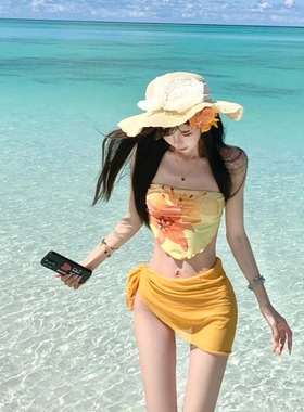 度假氛围感抹胸比基尼带纱裙套装女士显白夏天小胸聚拢性感辣妹韩