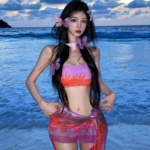度假氛围感抹胸比基尼套装保守韩