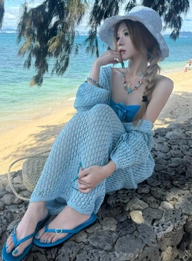 蓝色花朵抹胸比基尼分体泳衣女带长裙罩衫套装海边沙滩氛围感度假