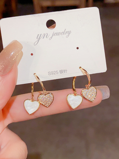 韩式 轻奢微镶锆石桃心耳环后挂两戴银针耳钉设计感小众耳坠女 时尚