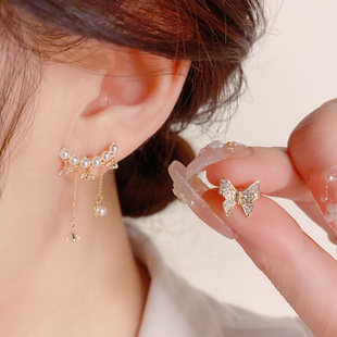 耳环s925银针气质时尚耳钉不对称蝴蝶珍珠流苏耳坠小众百搭耳饰女