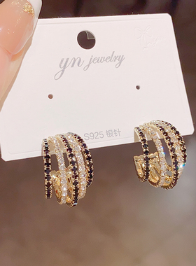 轻奢高级感精致黑色钻多层几何C型耳圈 时尚个性s925银针独特耳环