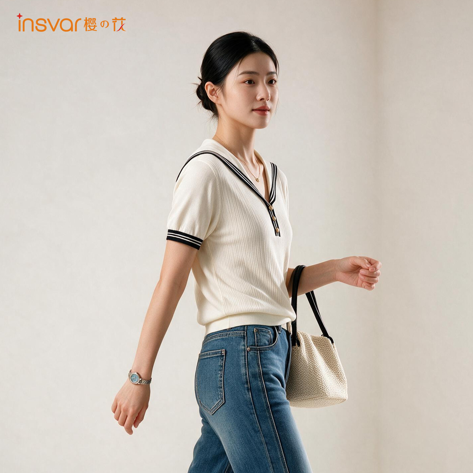 INSVAR海军风短袖针织衫女显瘦