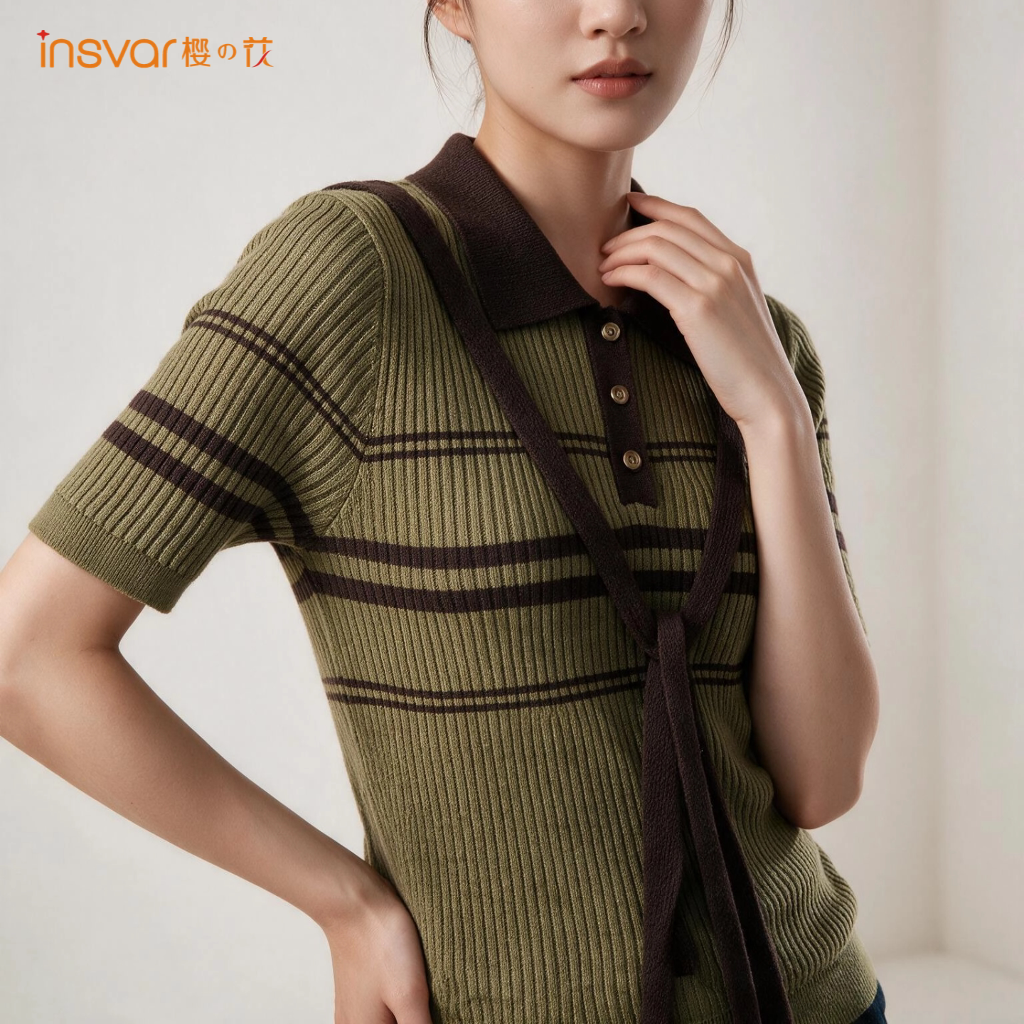 INSVAR条纹POLO领针织衫女短袖
