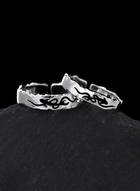 禾派 双鱼逐浪情侣戒指纯银原创S925黑滴胶小众对戒