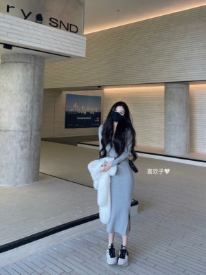 曲线美修身显瘦秋冬连帽裙长裙