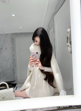 POET WONG【月光斗篷】仙仙 真狐狸毛围脖+100羊毛大衣可拆卸毛领