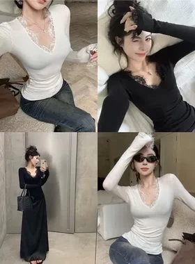 女装v领早秋纯黑色打底衫T恤蕾丝紧身长袖上衣内搭气质性感修身欲