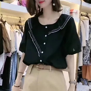 显瘦荷叶边衬衫2021女宽松夏装ins超火单排扣短袖新款小衫