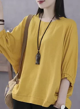 显瘦女装小衫蝙蝠袖短袖上衣胖mm遮肚五分袖加肥加大码夏天
