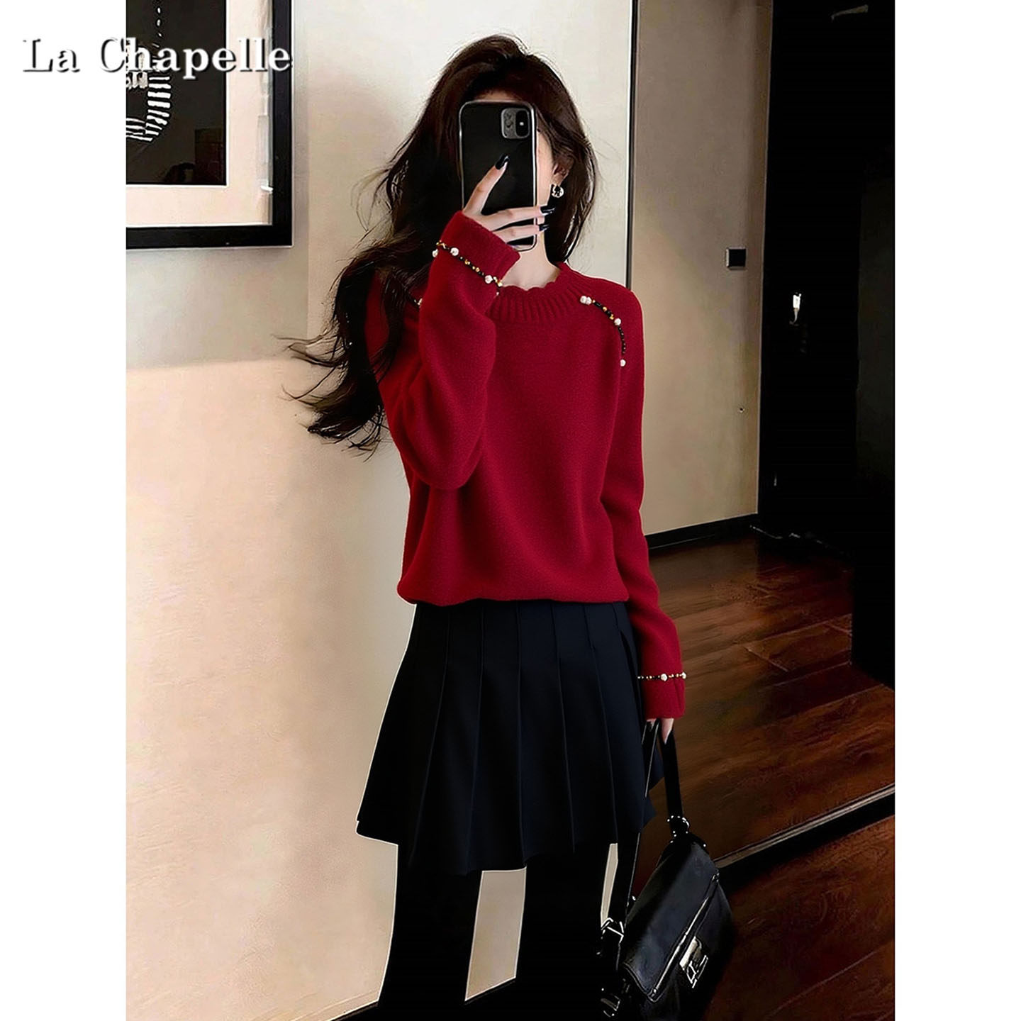 拉夏贝尔2025年冬季红色重工钉珠套头宽松毛衣上衣时尚百搭针织衫,女装/女士精品,大码内搭,淘宝优惠券,粉丝福利购,淘宝优惠卷