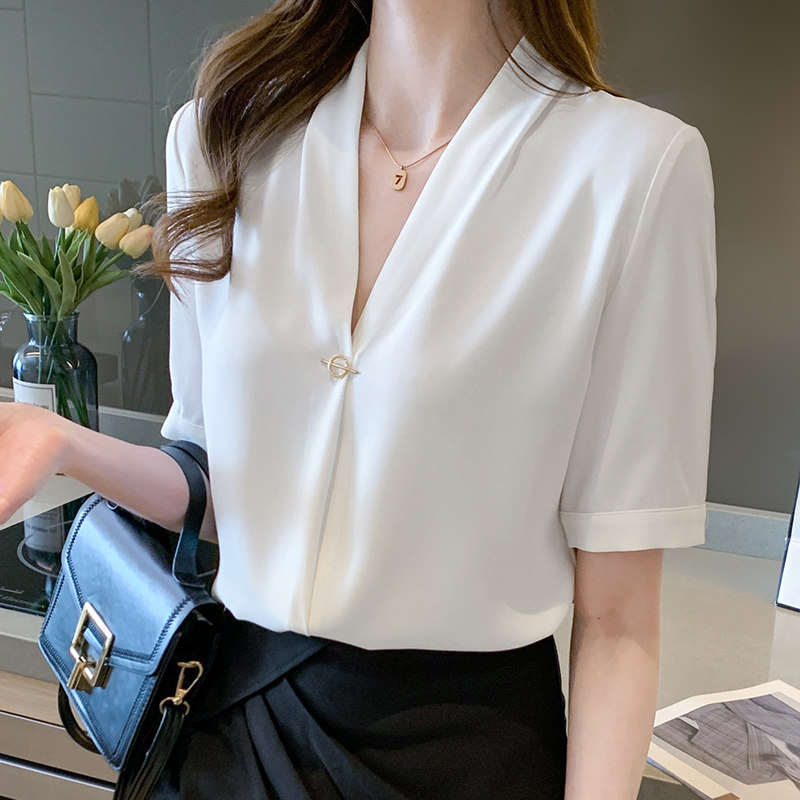 拉夏贝尔/la chapelle新款白色短袖雪纺t恤女洋气职业工作服上衣