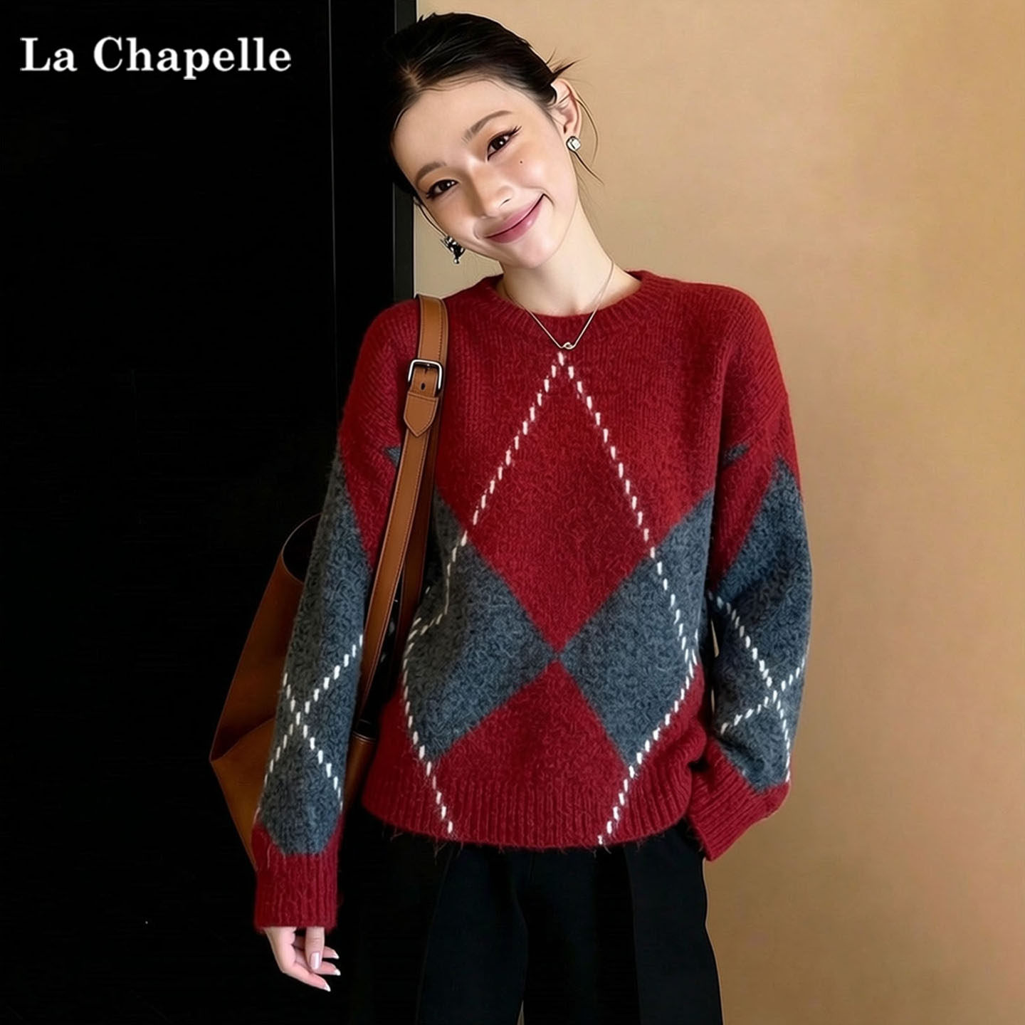 拉夏贝尔2025年秋季韩版时尚菱格设计上衣女圆领套头宽松长袖毛衣,女装/女士精品,大码内搭,淘宝优惠券,粉丝福利购,淘宝优惠卷