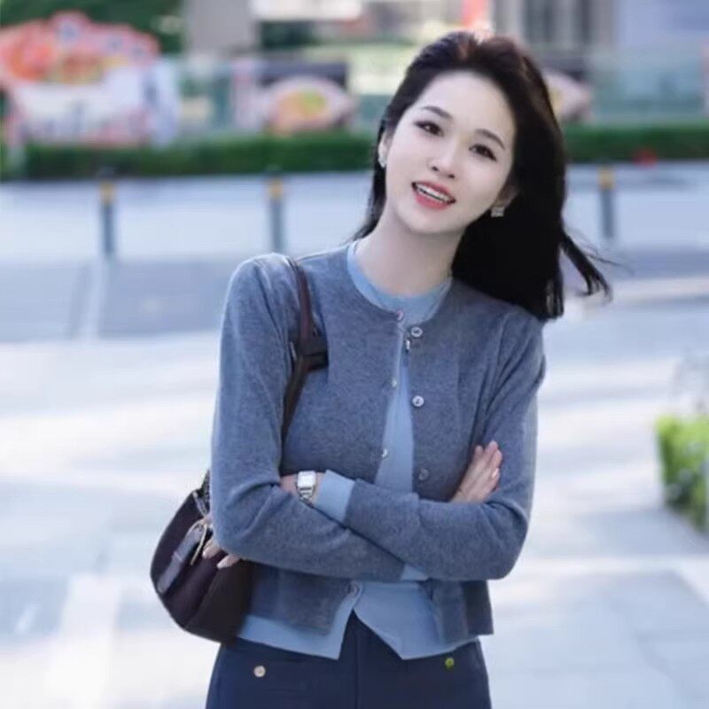韩系chic高级感假两件灰色针织衫女春秋季2026新款小个子开衫外套