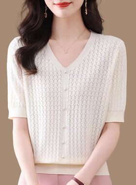 镂空针织衫女夏装薄款短袖上衣