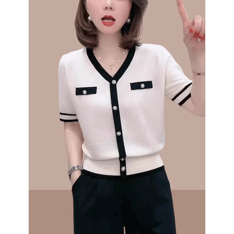 v领冰丝针织t恤女宽松薄款上衣