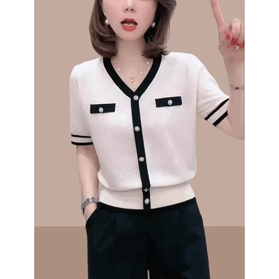 v领冰丝针织t恤女宽松薄款上衣