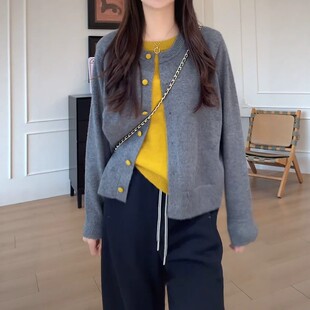 时尚女装撞色假两件针织开衫长袖秋季新款显瘦宽松韩版慵懒风上衣
