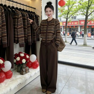 2026新款秋冬季复古撞色条纹开衫女百搭咖色软糯显瘦打底针织毛衣