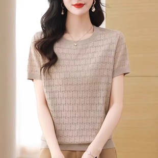 t恤女夏季 圆领宽松大码 桑蚕丝短袖 新款 上衣 洋气妈妈装 冰丝针织衫