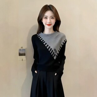 不规则假两件撞色拼接针织衫女2026秋季新款宽松显瘦打底衫毛衣