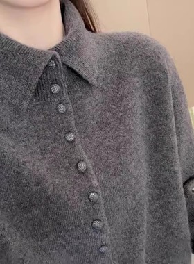 欧洲高端灰色高级感针织毛衣女2025秋冬新款加厚翻领针织打底上衣