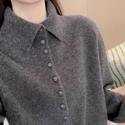 欧洲高端灰色羊绒针织毛衣女士2024秋冬新款加厚翻领羊毛打底上衣