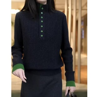 秋冬新款羊毛衫撞色毛衣女士宽松半开高领针织打底衫气质洋气上衣