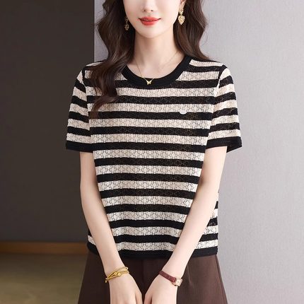条纹冰丝针织衫t恤女短袖夏季2025新款中年妈妈镂空薄款打底上衣
