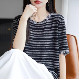 新款 t恤女夏季 条纹短袖 冰丝针织上衣 洋气大码 女装 打底衫 洋气时尚