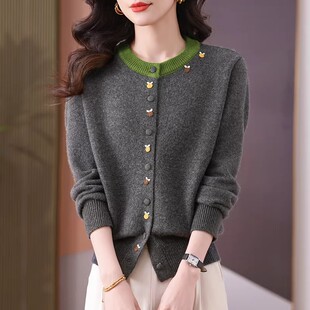 毛衣外套 2026年新款 圆领撞色单排扣灰色上衣洋气减龄针织开衫 春装
