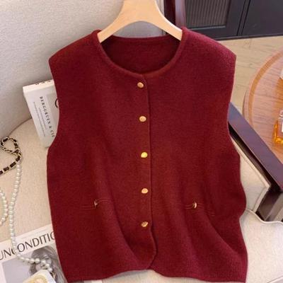 安哥拉红色针织开衫马甲背心女早秋新款大码胖mm叠穿毛衣马夹上衣