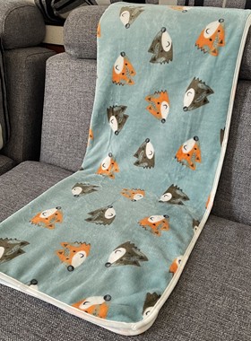 卡通淡浅绿色法兰绒小毯子柔软狐狸盖腿毯子狗狗猫咪小被子四季毯