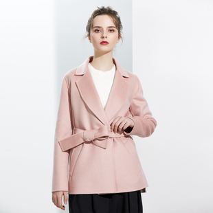 绝色 粉色纯羊毛水波纹双面呢系腰带短款大衣