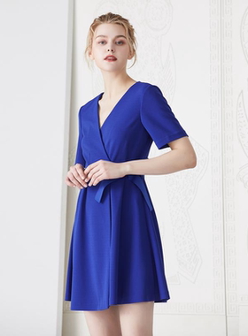 盼海 蓝色简约A字型裹身连衣裙