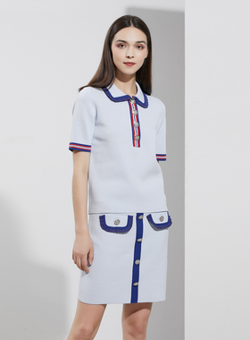 清新浅蓝色撞色花边装饰翻领套头针织T恤-轩雅