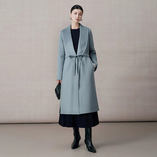 迷雾 雾霾蓝纯羊毛水波纹双面呢大青果领腰部抽绳侧开衩大衣