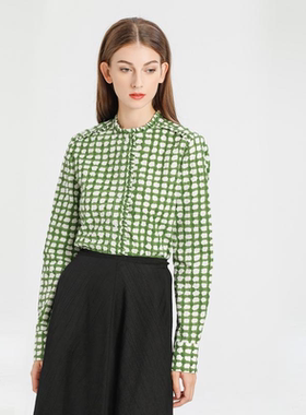 2024年夏季新款绿色格纹木耳边小立领纯棉衬衫