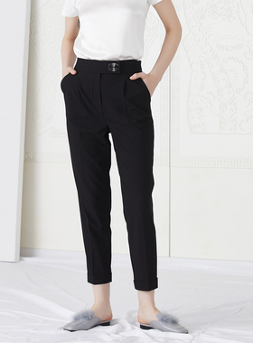 黑色百搭轻薄含羊毛混纺通勤翻边锥形裤-纤影