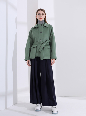 泮林 松绿色双领大口袋绵羊毛双面呢大衣外套