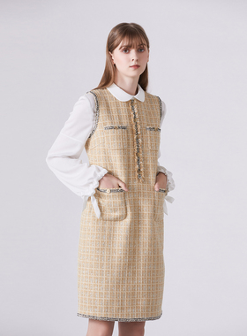 如影   经典金属银丝编织黄色粗花呢无袖连衣裙