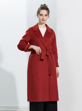 未央 红色羊毛羊绒双面呢大翻领束腰翻折袖大衣外套